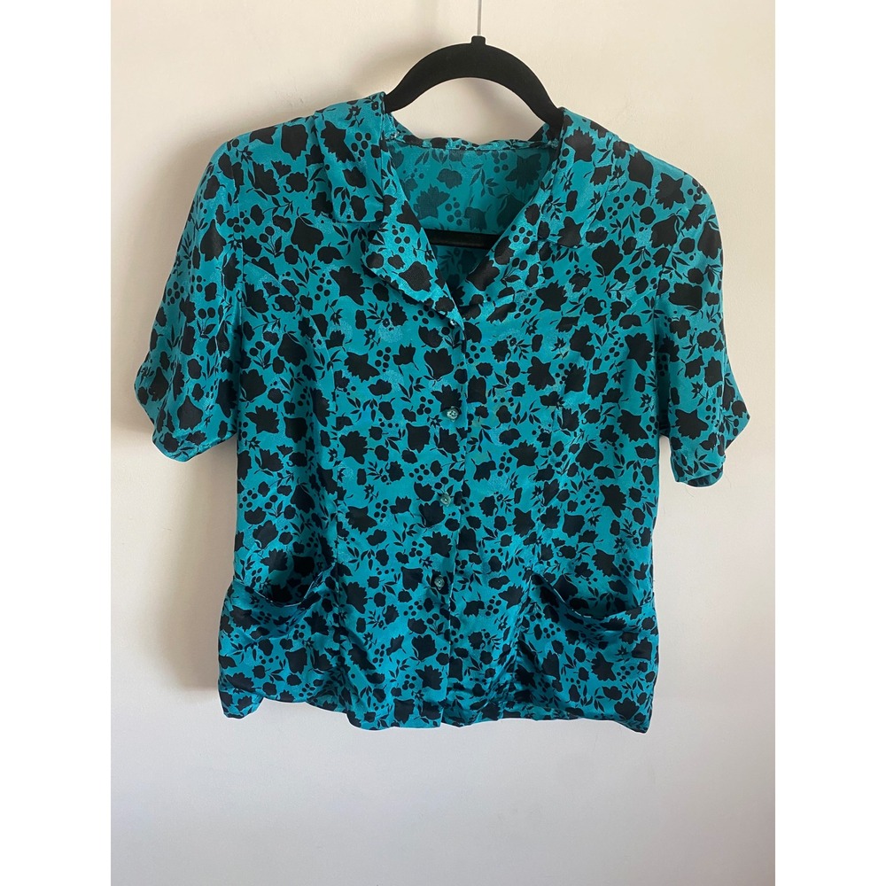 Vintage 90s Teal Black Floral Jacquard Short Sleeve Button Up Blouse Pockets